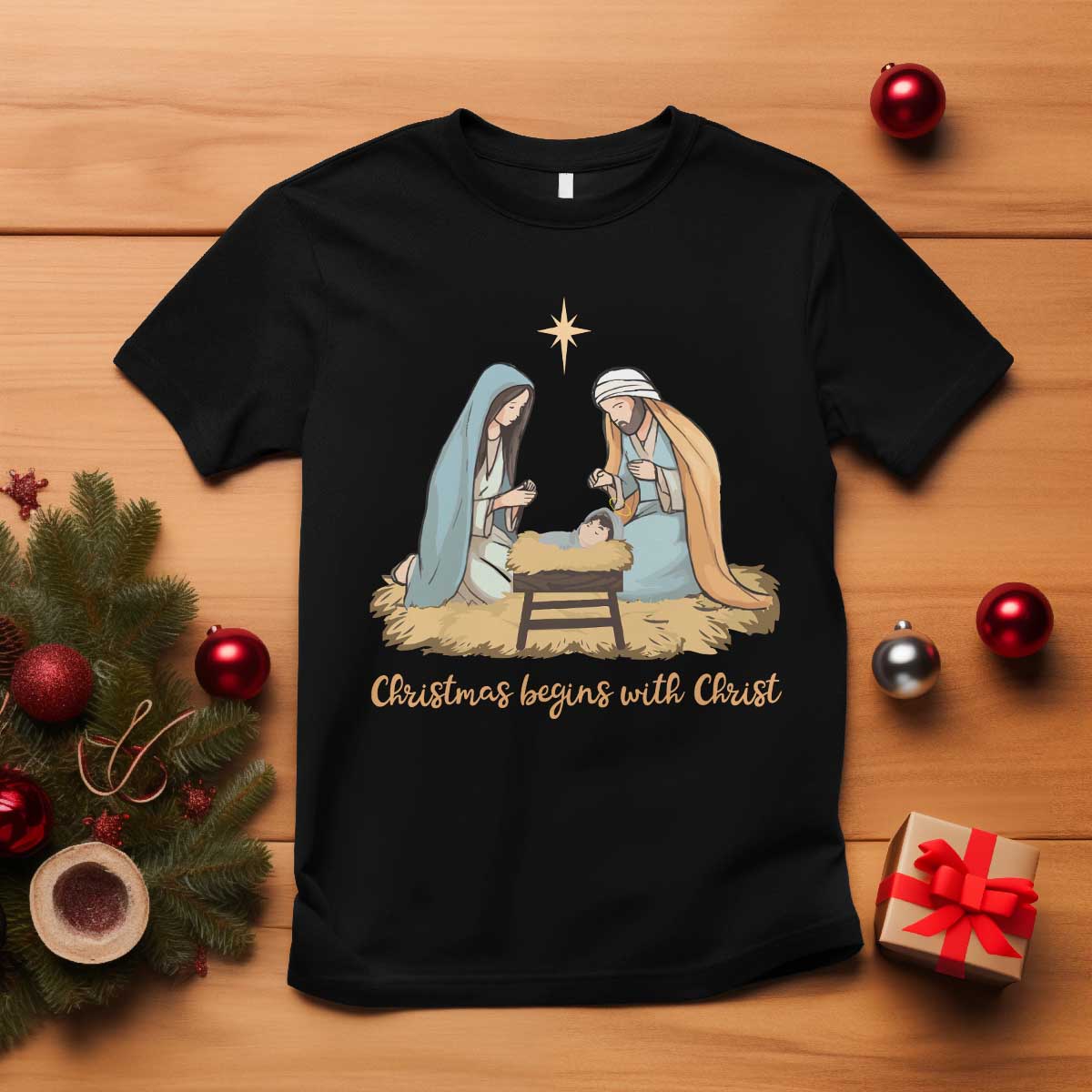 Christmas Begins With Christ T Shirt Christian Christmas Nativity Scene - Wonder Print Shop