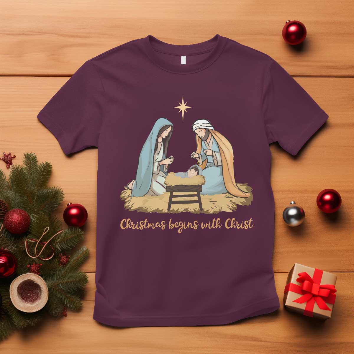 Christmas Begins With Christ T Shirt Christian Christmas Nativity Scene - Wonder Print Shop
