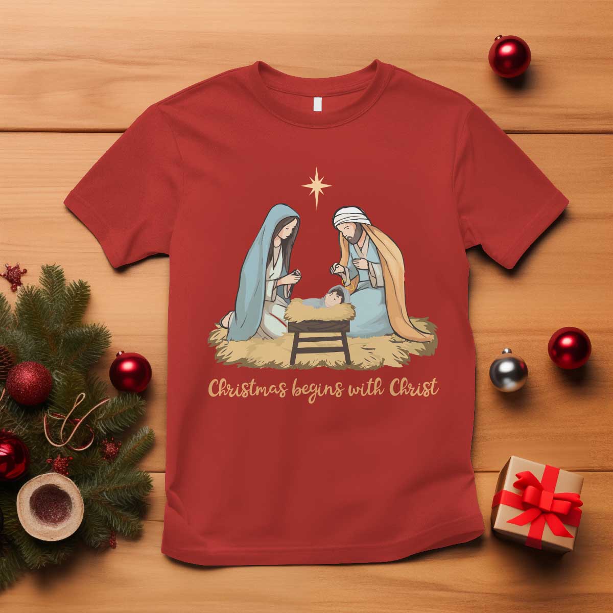 Christmas Begins With Christ T Shirt Christian Christmas Nativity Scene - Wonder Print Shop