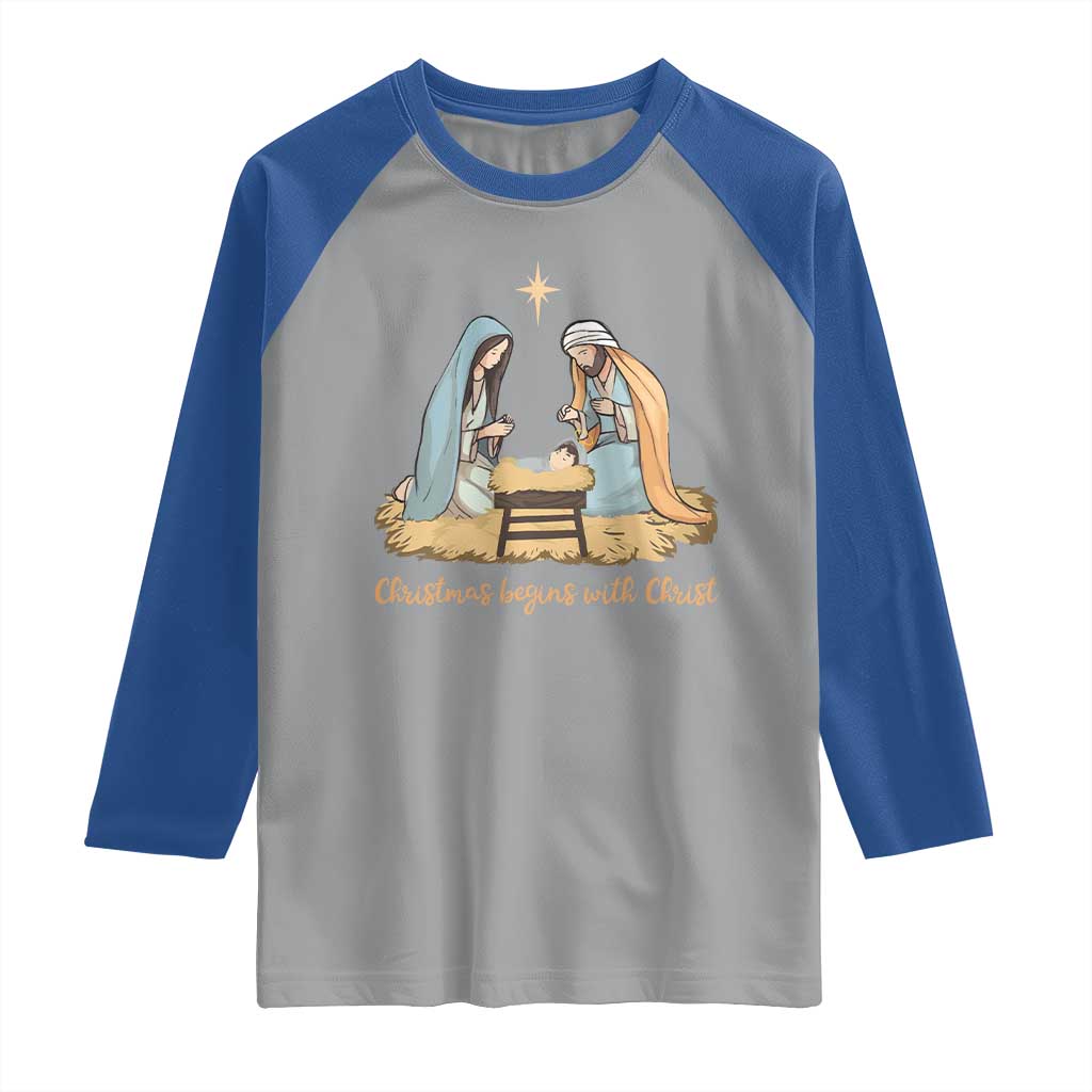 Christmas Begins With Christ Raglan Shirt Christian Christmas Nativity Scene - Wonder Print Shop