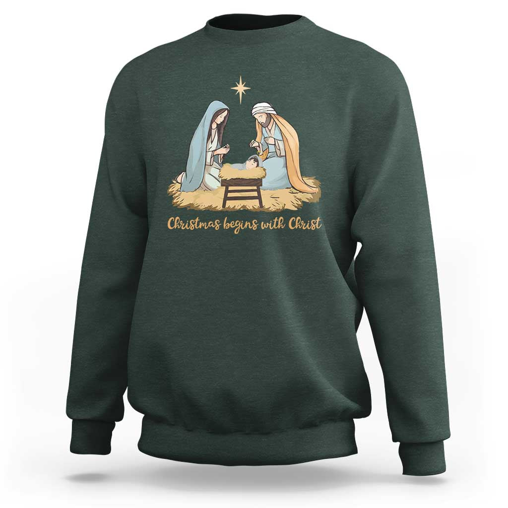 Christmas Begins With Christ Sweatshirt Christian Christmas Nativity Scene - Wonder Print Shop