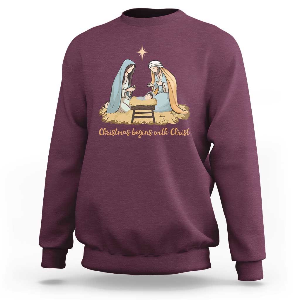 Christmas Begins With Christ Sweatshirt Christian Christmas Nativity Scene - Wonder Print Shop