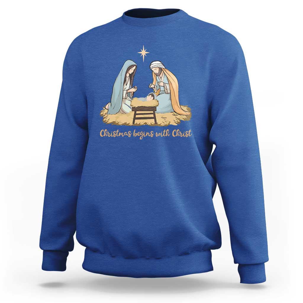 Christmas Begins With Christ Sweatshirt Christian Christmas Nativity Scene - Wonder Print Shop