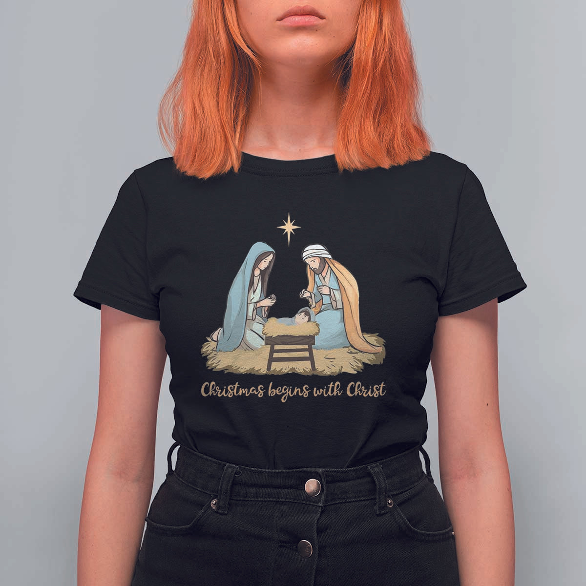 Christmas Begins With Christ T Shirt For Women Christian Christmas Nativity Scene - Wonder Print Shop