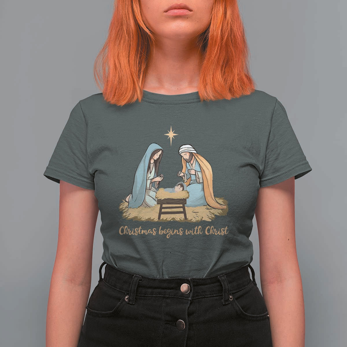 Christmas Begins With Christ T Shirt For Women Christian Christmas Nativity Scene - Wonder Print Shop