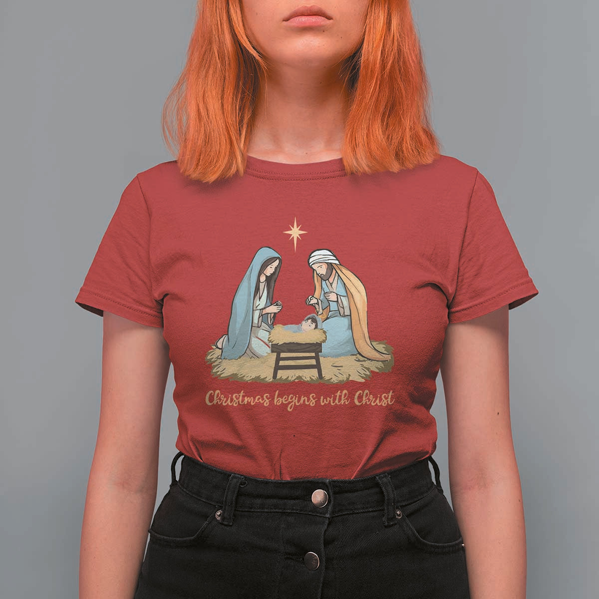 Christmas Begins With Christ T Shirt For Women Christian Christmas Nativity Scene - Wonder Print Shop