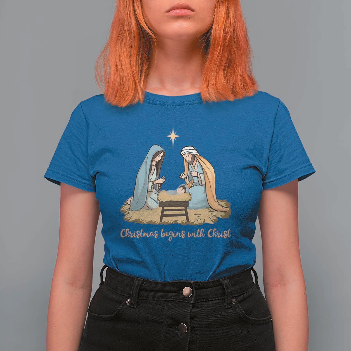 Christmas Begins With Christ T Shirt For Women Christian Christmas Nativity Scene - Wonder Print Shop
