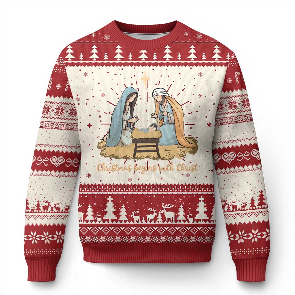 Christian Xmas Ugly Christmas Sweater Christmas Begins With Christ Nativity Scene - Wonder Print Shop