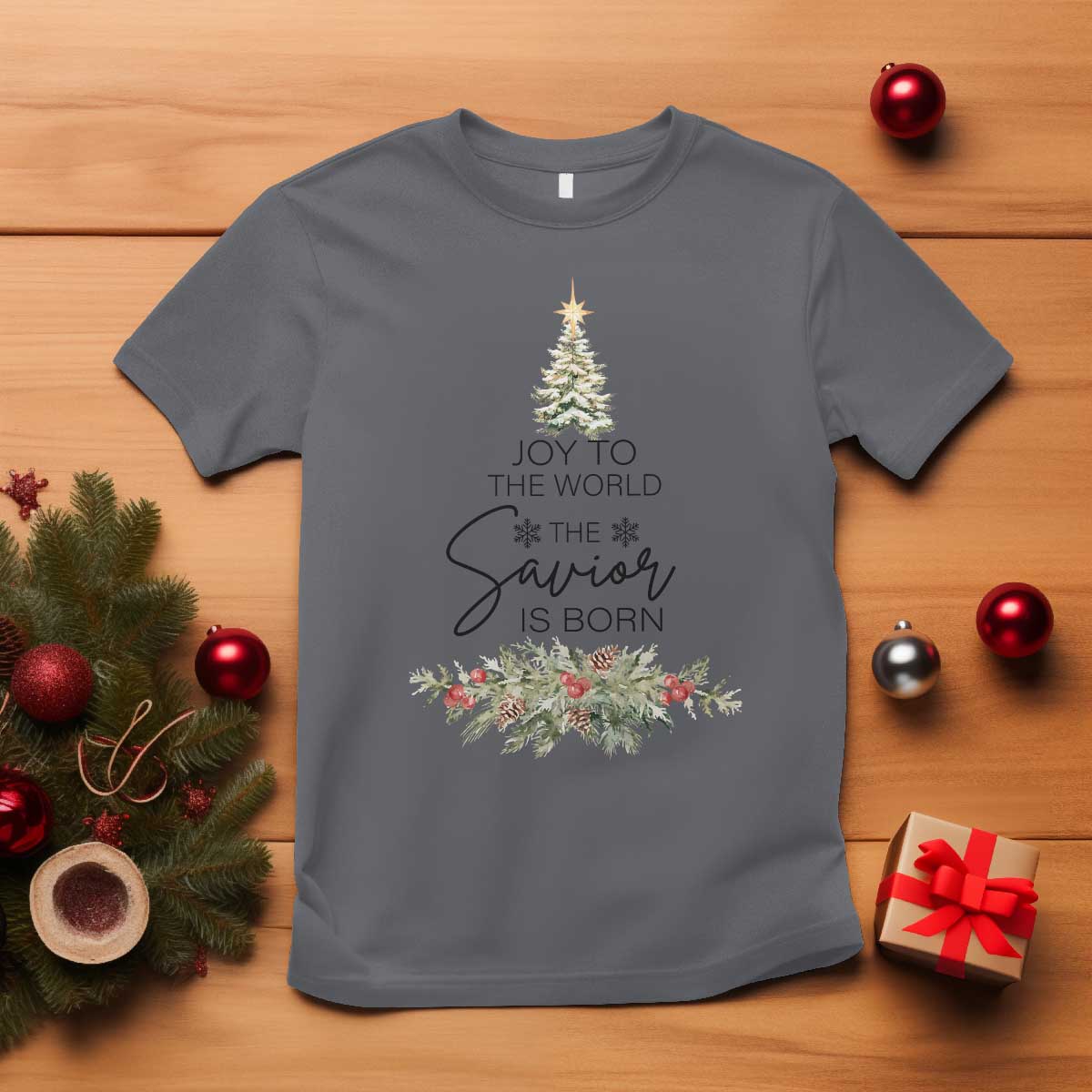 Funny Christmas Christian Faith T Shirt Joy To The World The Savior Is Born Xmas Tree - Wonder Print Shop