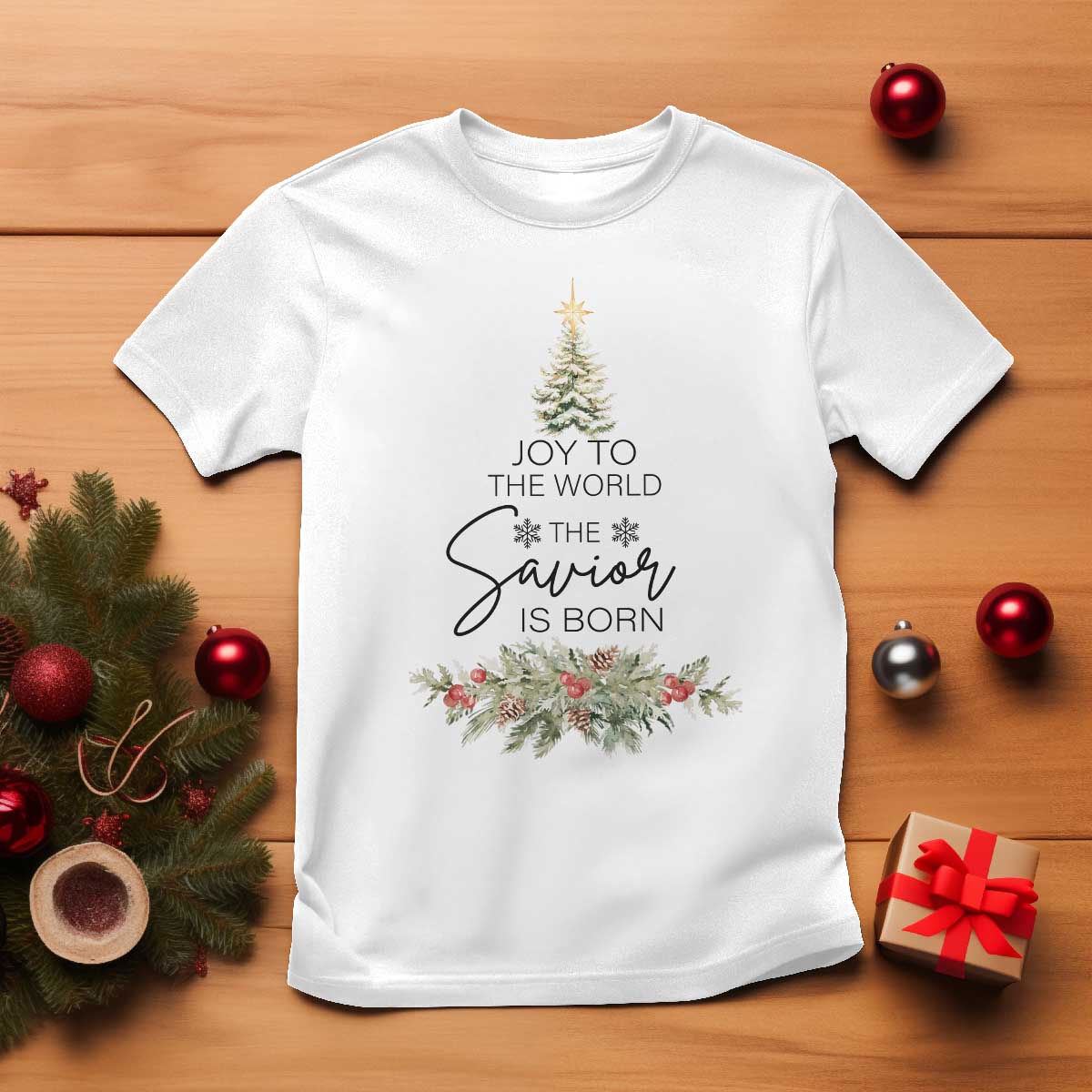 Funny Christmas Christian Faith T Shirt Joy To The World The Savior Is Born Xmas Tree - Wonder Print Shop