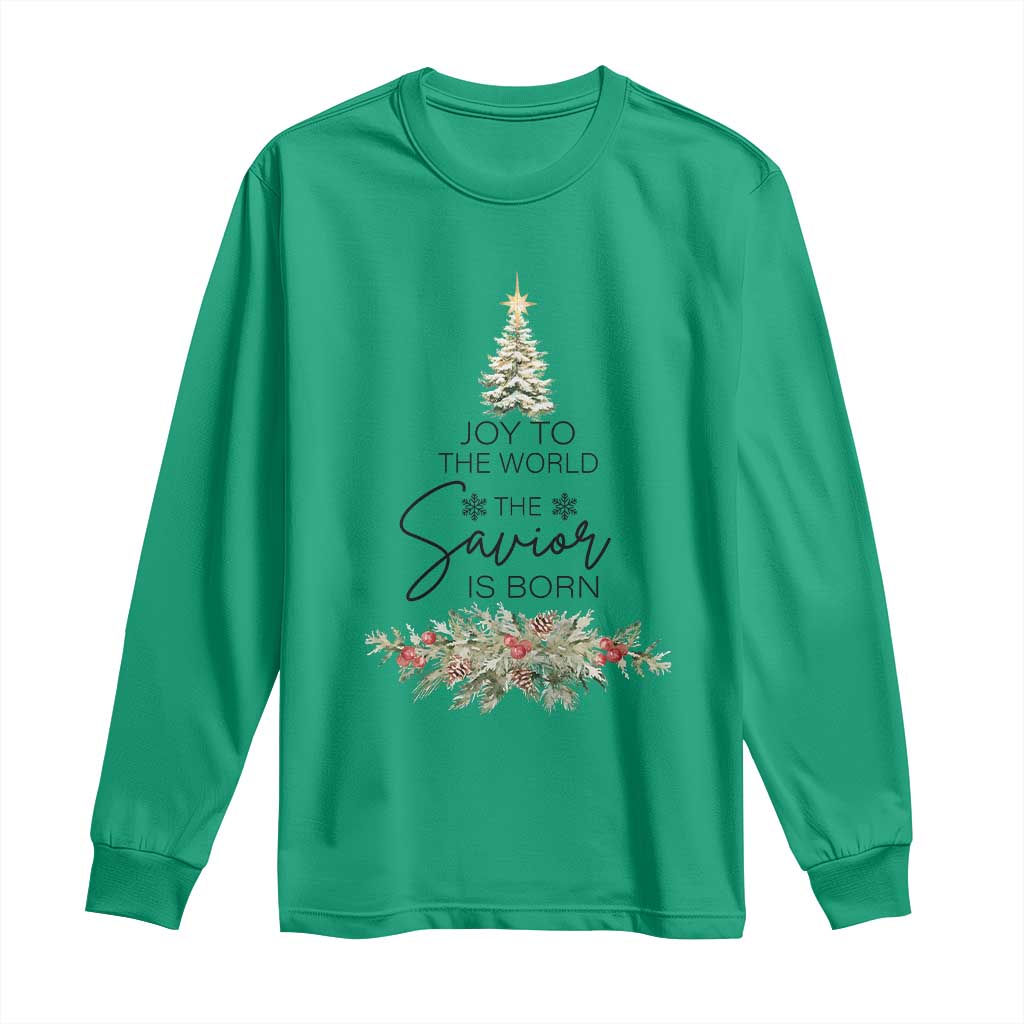 Funny Christmas Christian Faith Long Sleeve Shirt Joy To The World The Savior Is Born Xmas Tree