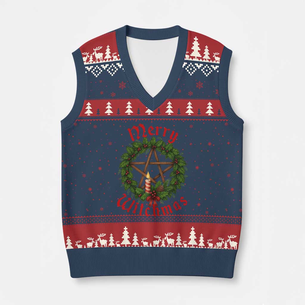 Nordic Xmas V-Neck Knit Sweater Vest Merry Witchmas Pagan Yule Xmas Wreath - Wonder Print Shop