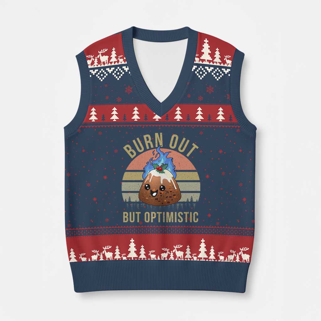 Funny Xmas Pudding V-Neck Knit Sweater Vest Burn Out But Optimistic Blue Flame - Wonder Print Shop