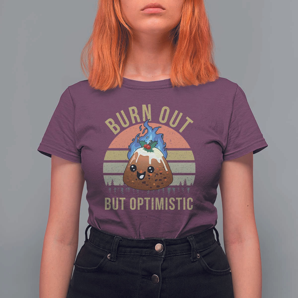 Funny Christmas Pudding T Shirt For Women Burn Out But Optimistic Blue Flame - Wonder Print Shop