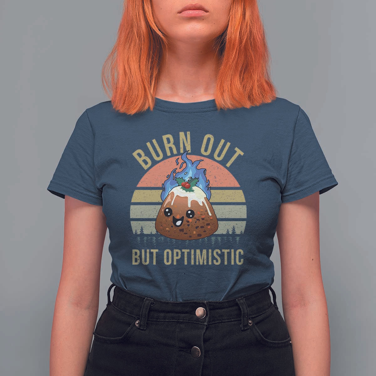 Funny Christmas Pudding T Shirt For Women Burn Out But Optimistic Blue Flame - Wonder Print Shop