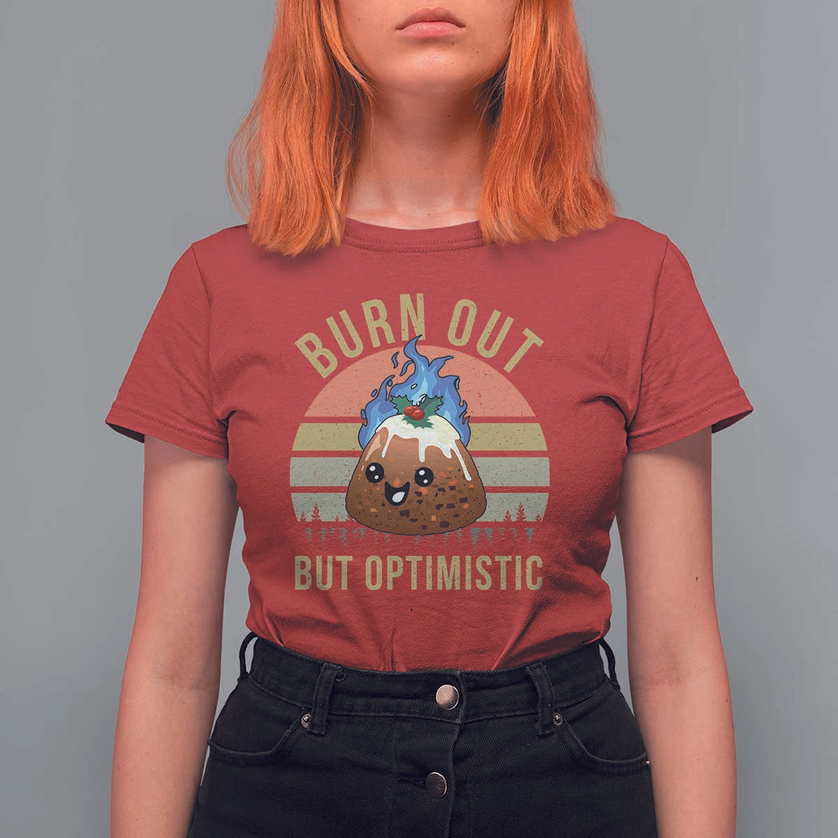 Funny Christmas Pudding T Shirt For Women Burn Out But Optimistic Blue Flame - Wonder Print Shop
