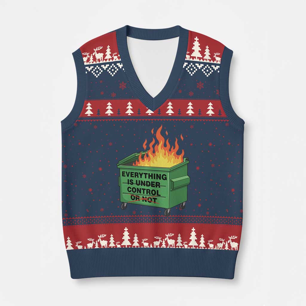 Funny Dumpster Fire V-Neck Knit Sweater Vest Everything Is Under Control Or Not - Wonder Print Shop