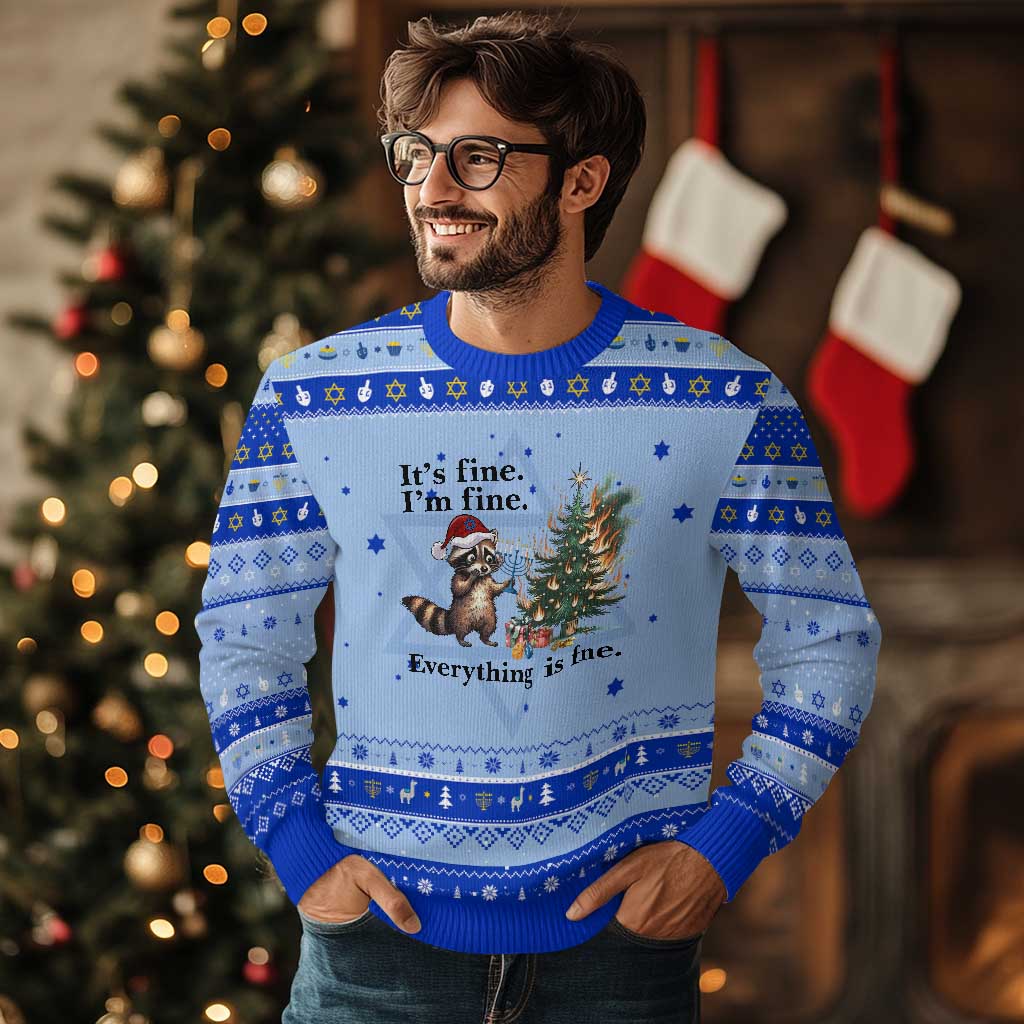 Christmas Chanukah Racoon Hanukkah Ugly Sweater Funny Its Fine I Am Fine Everything Is Fine - Wonder Print Shop