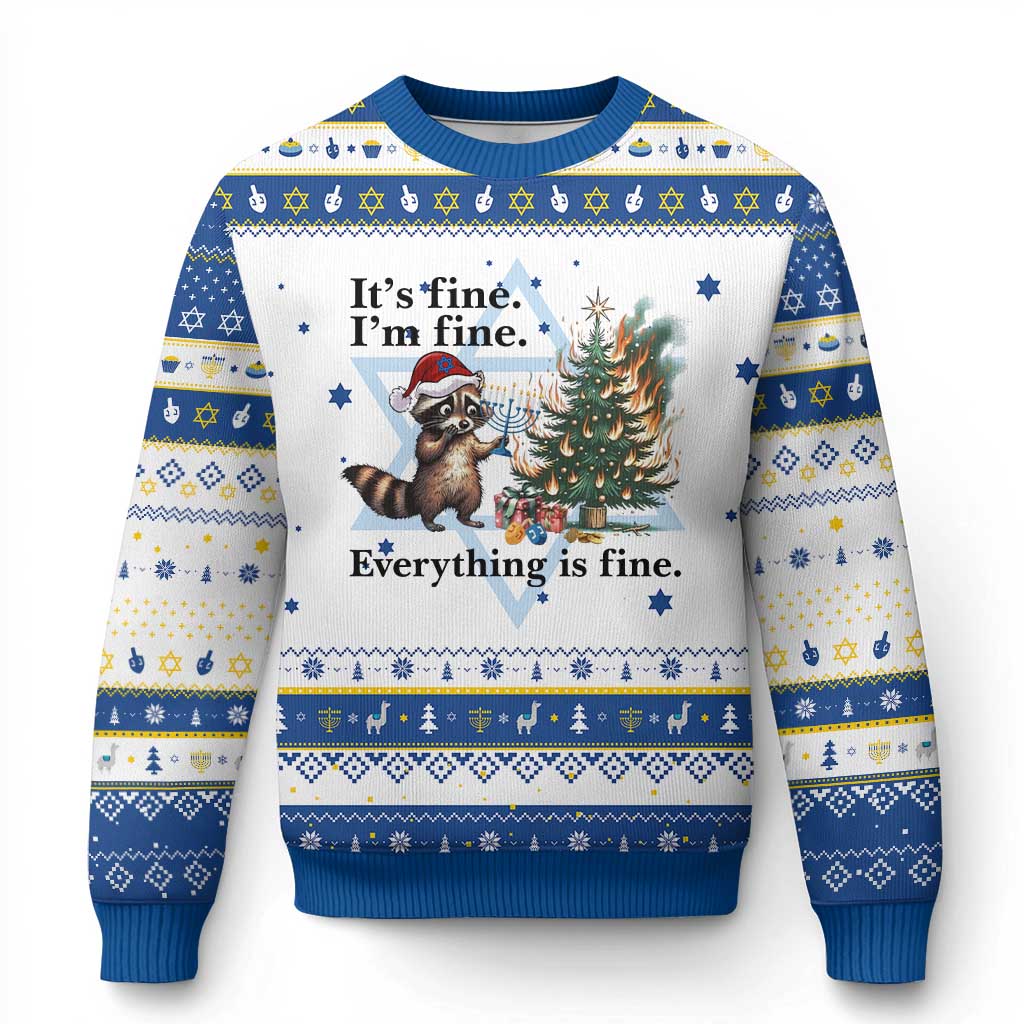 Christmas Chanukah Racoon Hanukkah Ugly Sweater Funny Its Fine I Am Fine Everything Is Fine - Wonder Print Shop