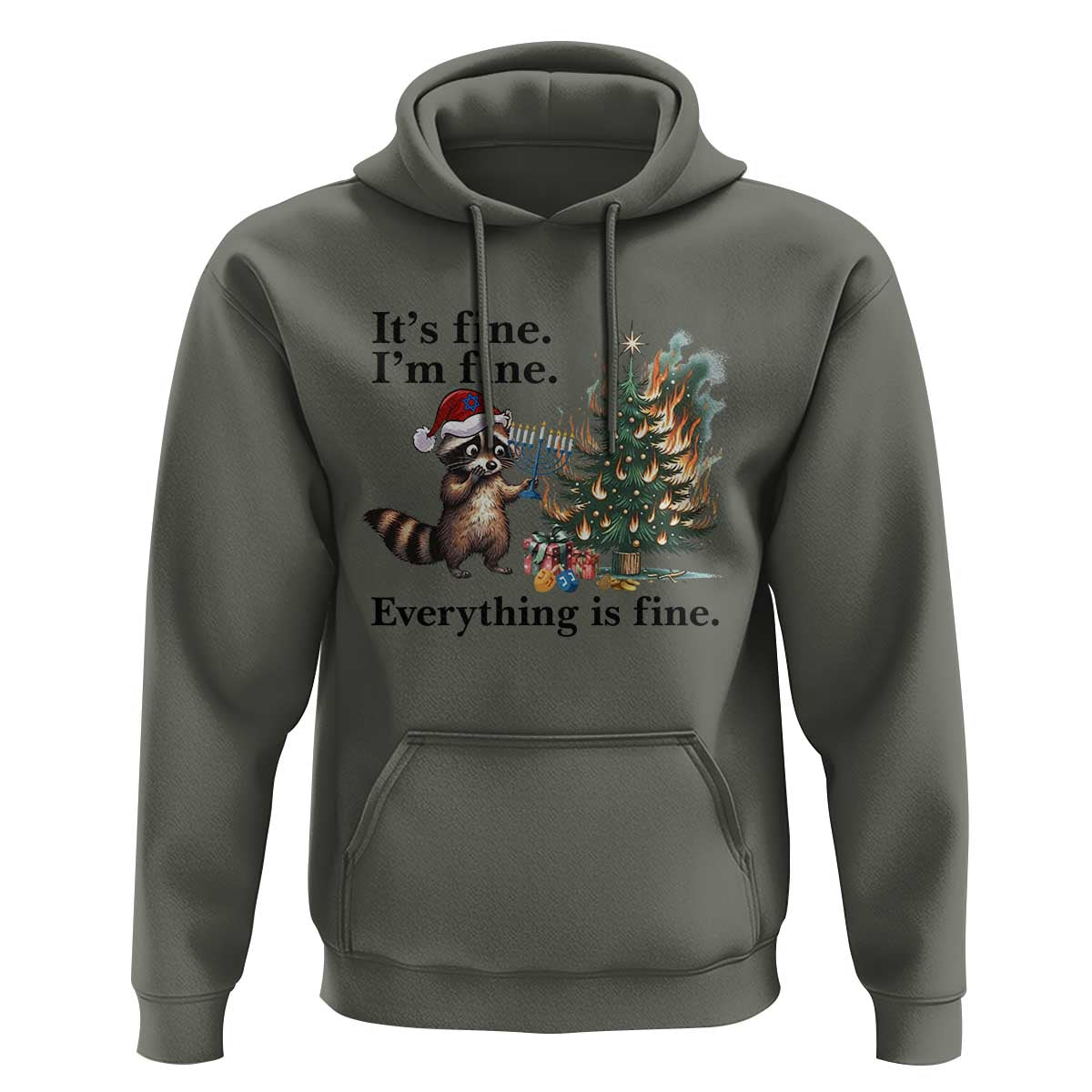 Christmas Hanukkah Racoon Hoodie Funny Its Fine I Am Fine Everything Is Fine - Wonder Print Shop