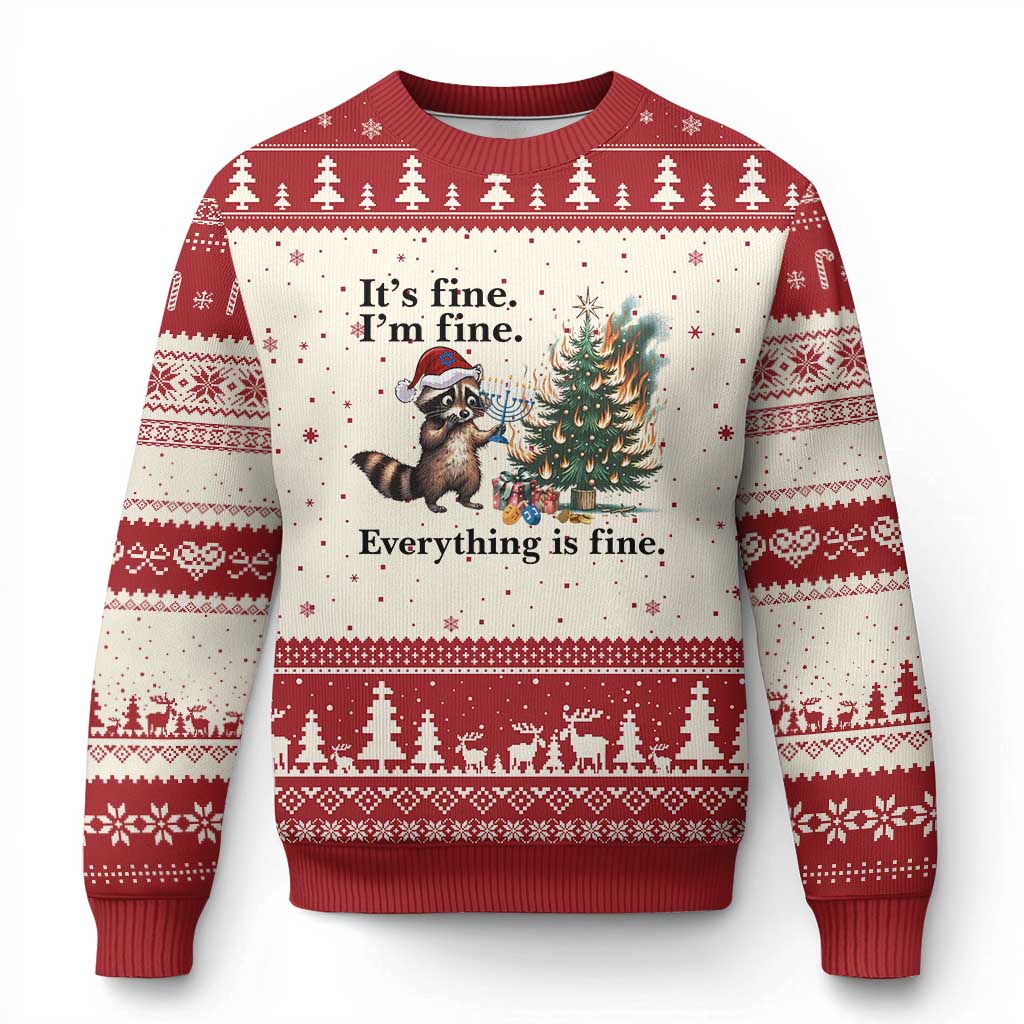 Xmas Hanukkah Racoon Ugly Christmas Sweater Funny Its Fine I Am Fine Everything Is Fine - Wonder Print Shop