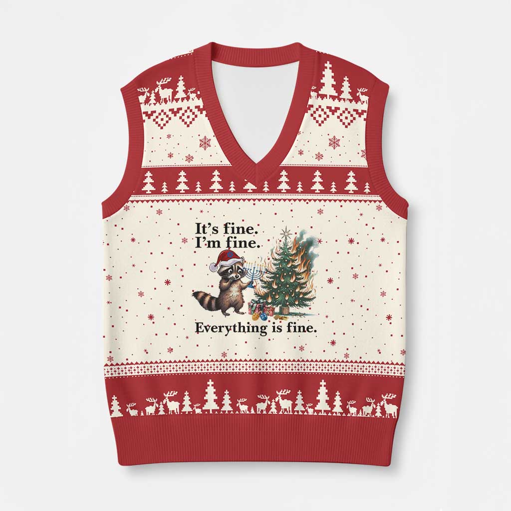 Xmas Hanukkah Racoon V-Neck Knit Sweater Vest Funny Its Fine I Am Fine Everything Is Fine - Wonder Print Shop