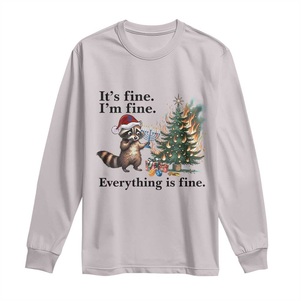 Christmas Hanukkah Racoon Long Sleeve Shirt Funny Its Fine I Am Fine Everything Is Fine - Wonder Print Shop
