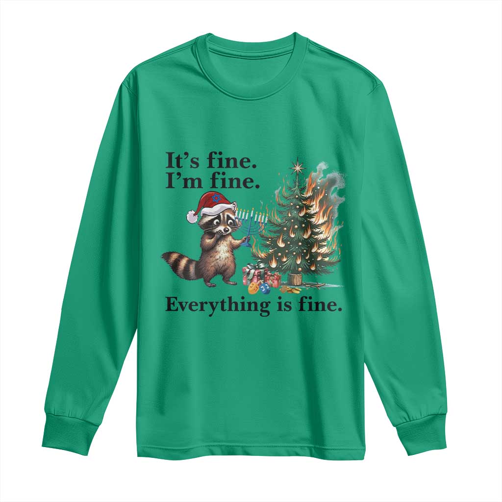 Christmas Hanukkah Racoon Long Sleeve Shirt Funny Its Fine I Am Fine Everything Is Fine - Wonder Print Shop