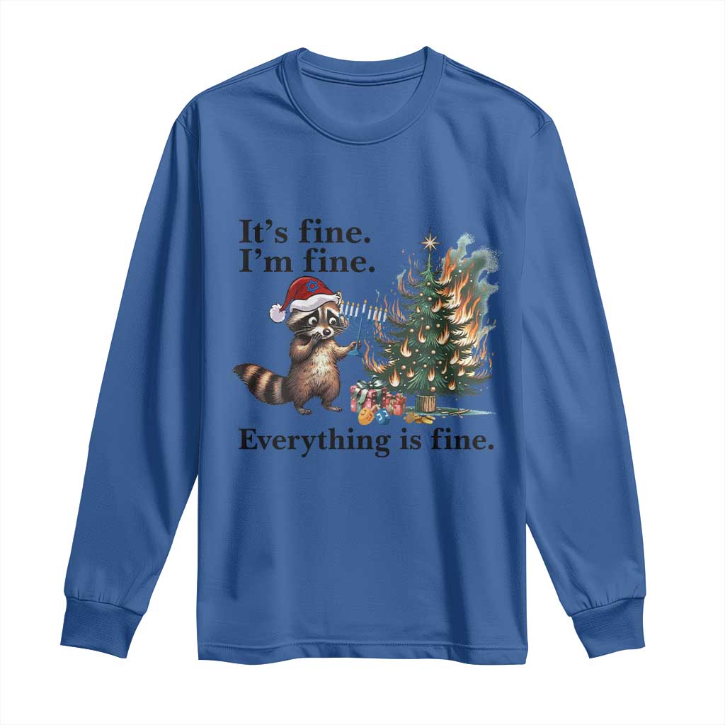 Christmas Hanukkah Racoon Long Sleeve Shirt Funny Its Fine I Am Fine Everything Is Fine - Wonder Print Shop