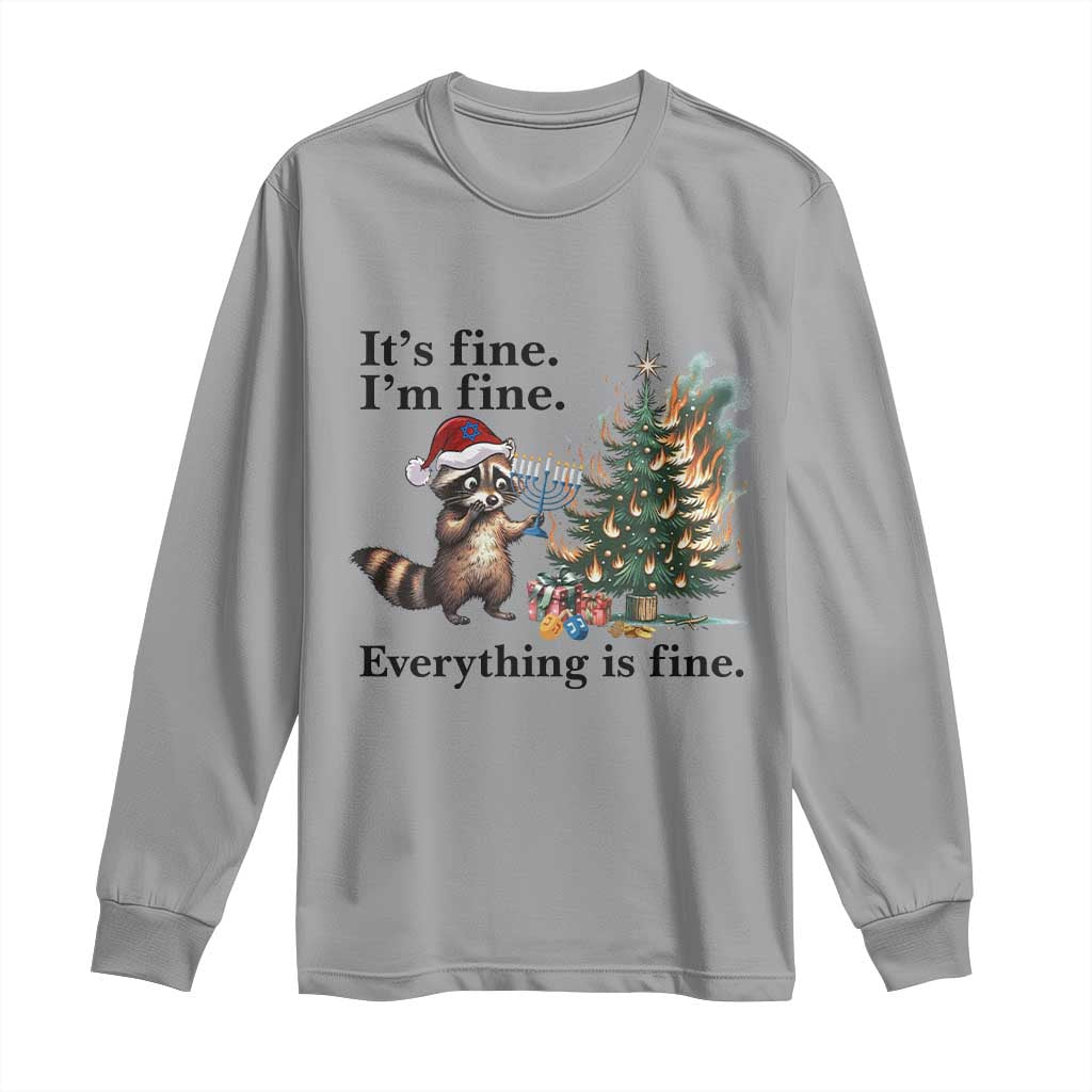 Christmas Hanukkah Racoon Long Sleeve Shirt Funny Its Fine I Am Fine Everything Is Fine - Wonder Print Shop
