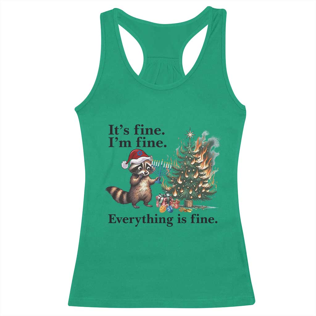 Christmas Hanukkah Racoon Racerback Tank Top Funny Its Fine I Am Fine Everything Is Fine - Wonder Print Shop