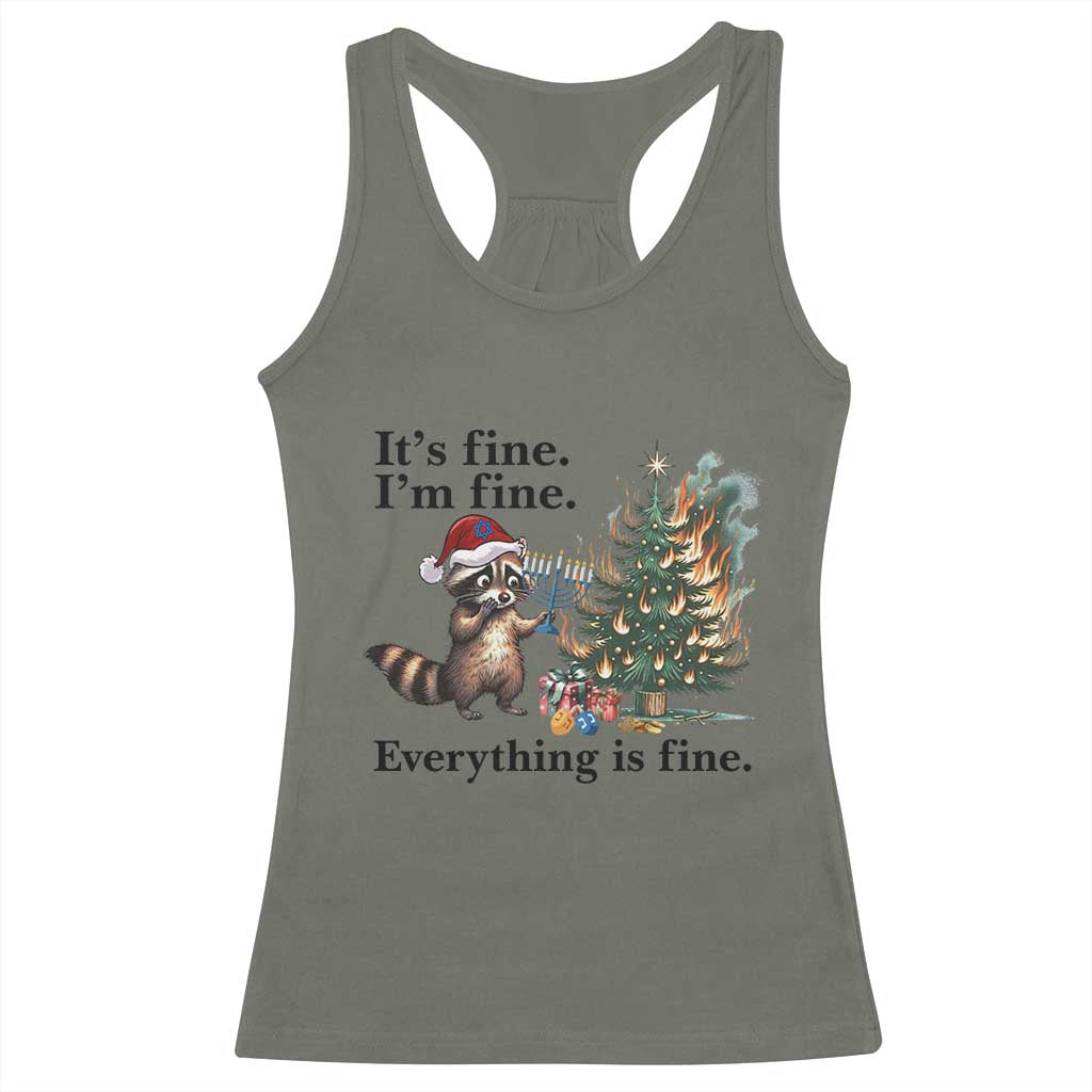 Christmas Hanukkah Racoon Racerback Tank Top Funny Its Fine I Am Fine Everything Is Fine - Wonder Print Shop