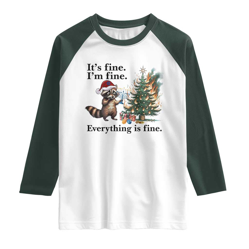 Christmas Hanukkah Racoon Raglan Shirt Funny Its Fine I Am Fine Everything Is Fine - Wonder Print Shop