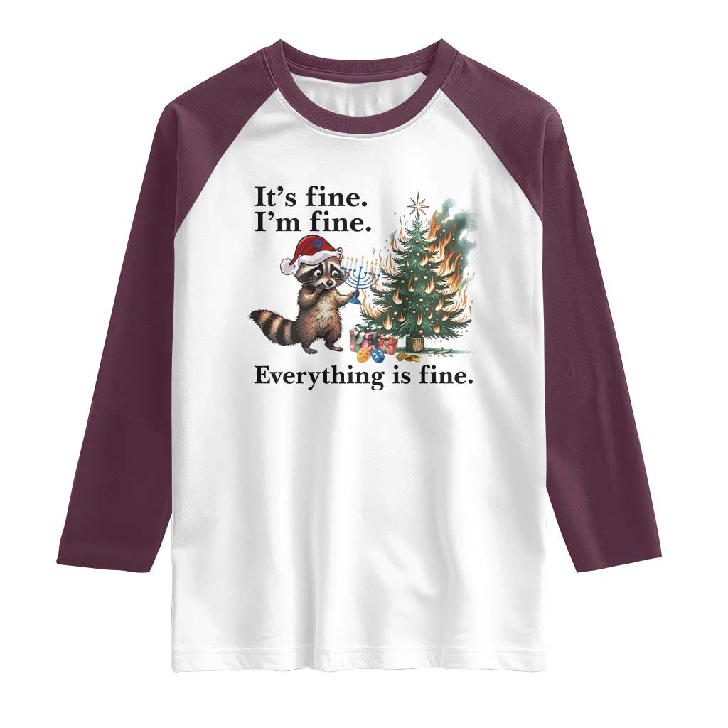 Christmas Hanukkah Racoon Raglan Shirt Funny Its Fine I Am Fine Everything Is Fine - Wonder Print Shop