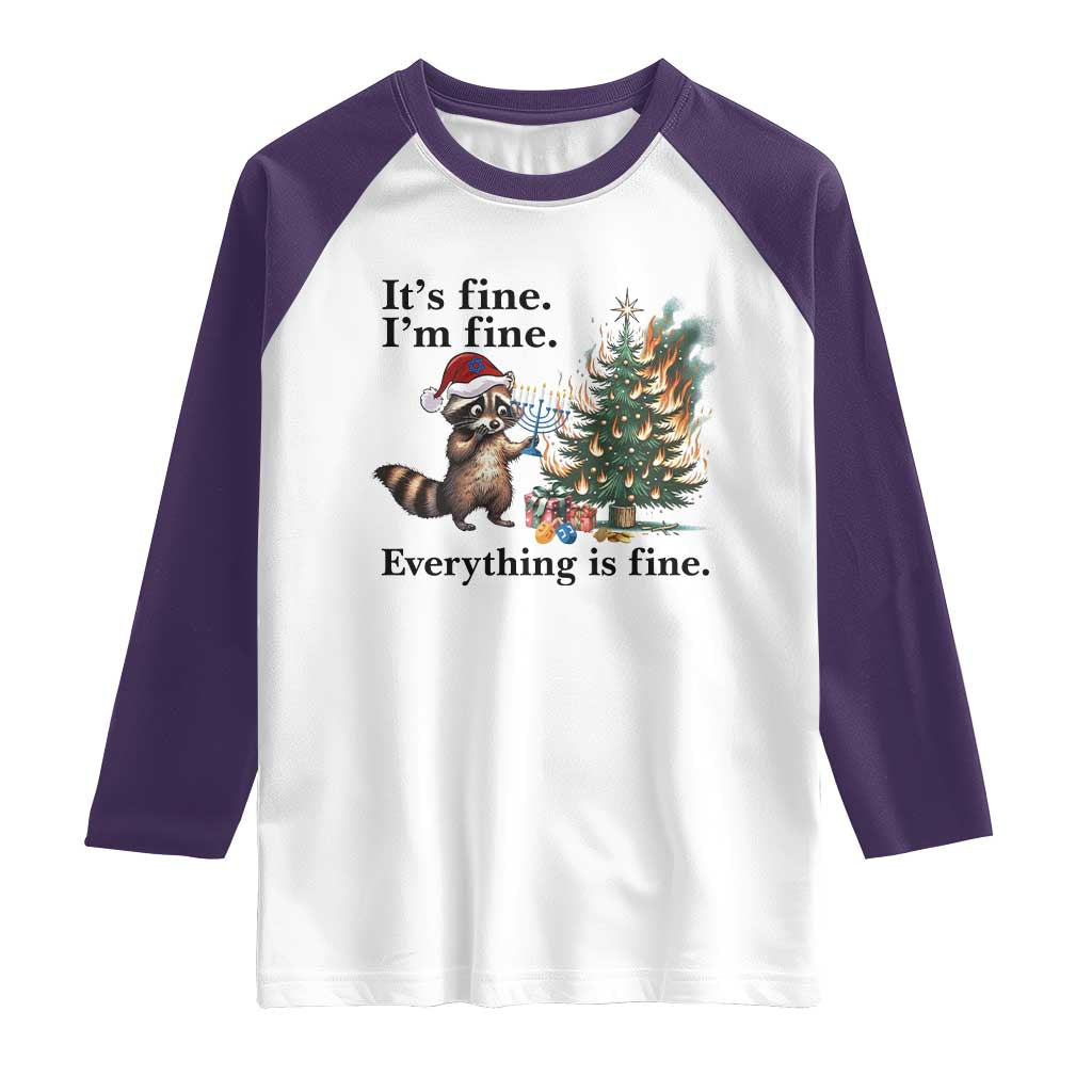 Christmas Hanukkah Racoon Raglan Shirt Funny Its Fine I Am Fine Everything Is Fine - Wonder Print Shop