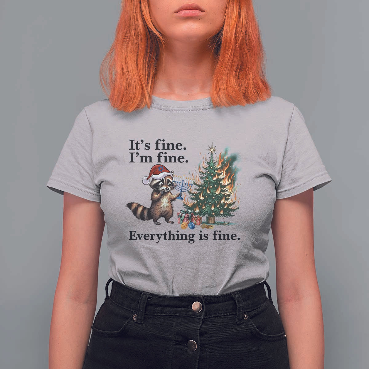 Christmas Hanukkah Racoon T Shirt For Women Funny Its Fine I Am Fine Everything Is Fine - Wonder Print Shop