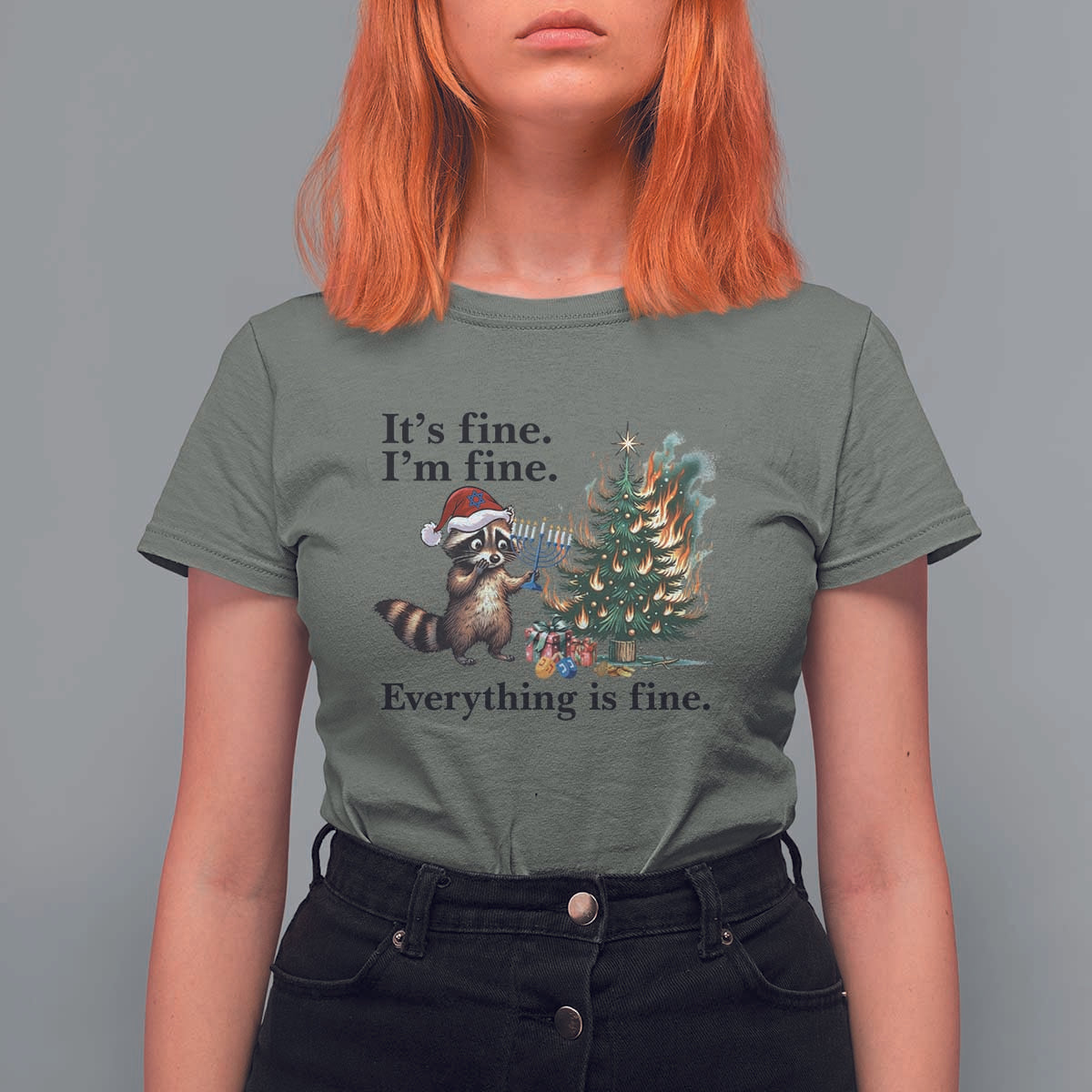 Christmas Hanukkah Racoon T Shirt For Women Funny Its Fine I Am Fine Everything Is Fine - Wonder Print Shop