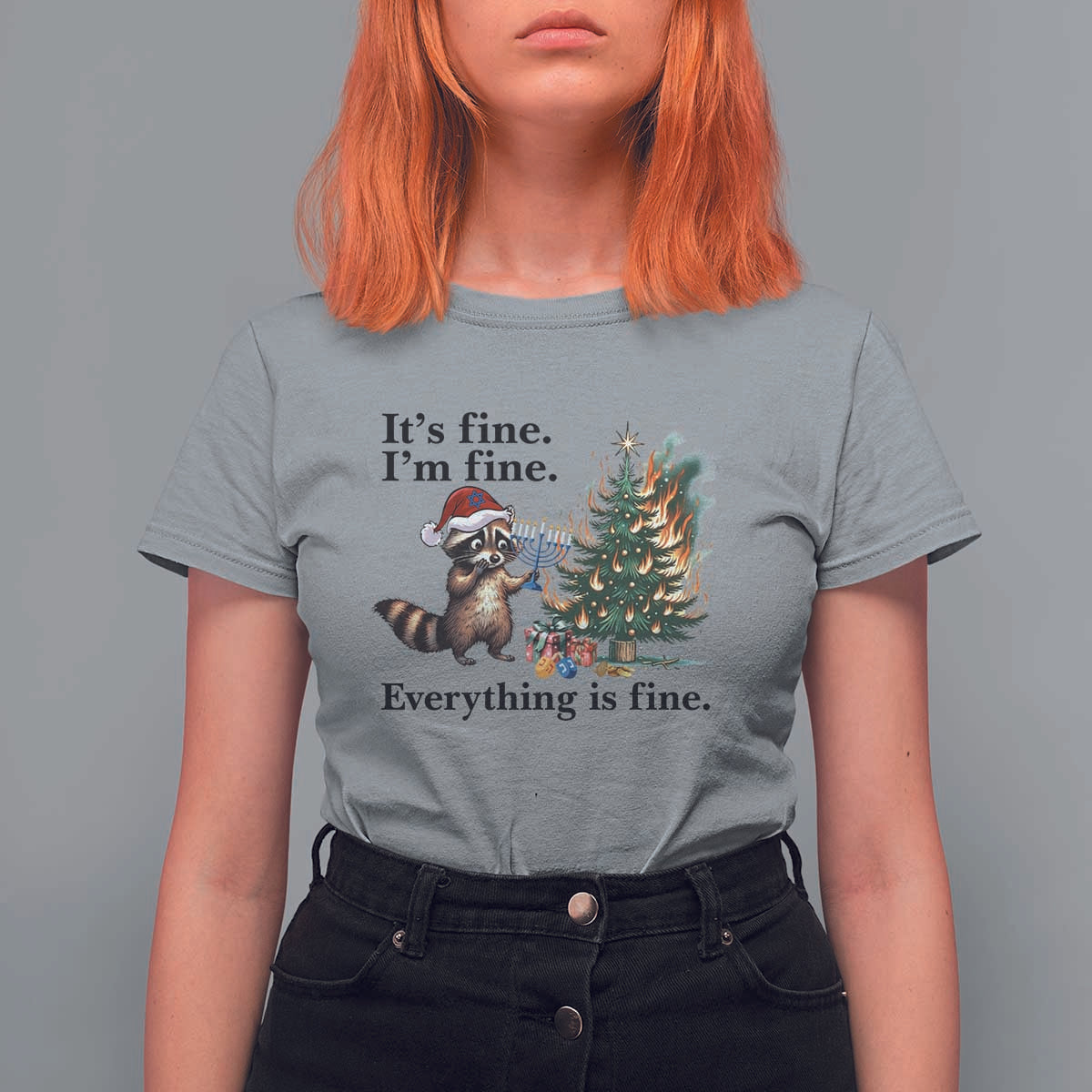 Christmas Hanukkah Racoon T Shirt For Women Funny Its Fine I Am Fine Everything Is Fine - Wonder Print Shop