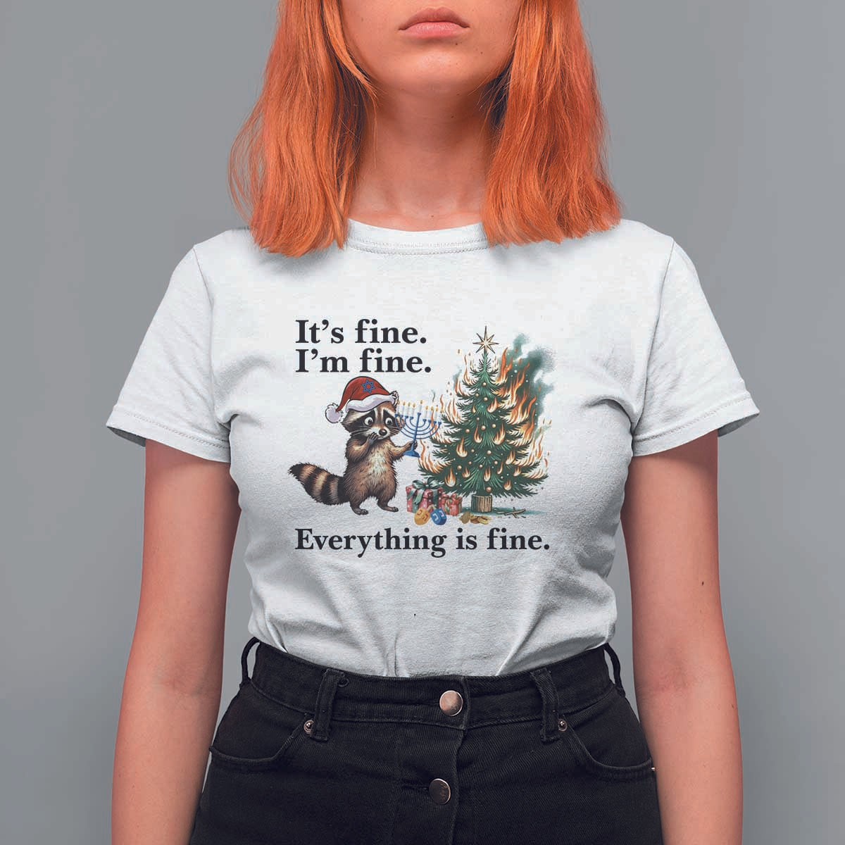 Christmas Hanukkah Racoon T Shirt For Women Funny Its Fine I Am Fine Everything Is Fine - Wonder Print Shop