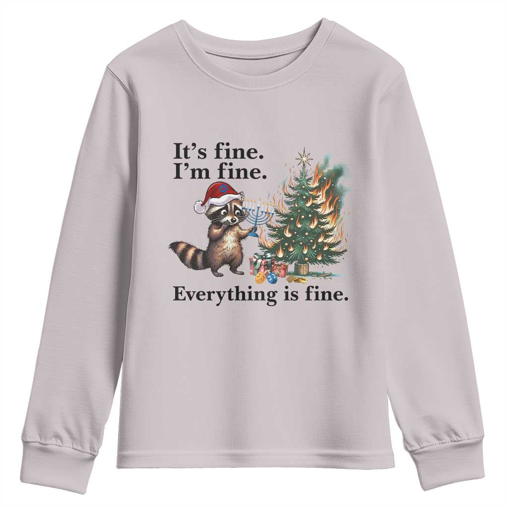 Christmas Hanukkah Racoon Youth Sweatshirt Funny Its Fine I Am Fine Everything Is Fine - Wonder Print Shop