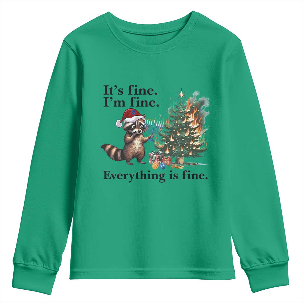 Christmas Hanukkah Racoon Youth Sweatshirt Funny Its Fine I Am Fine Everything Is Fine - Wonder Print Shop