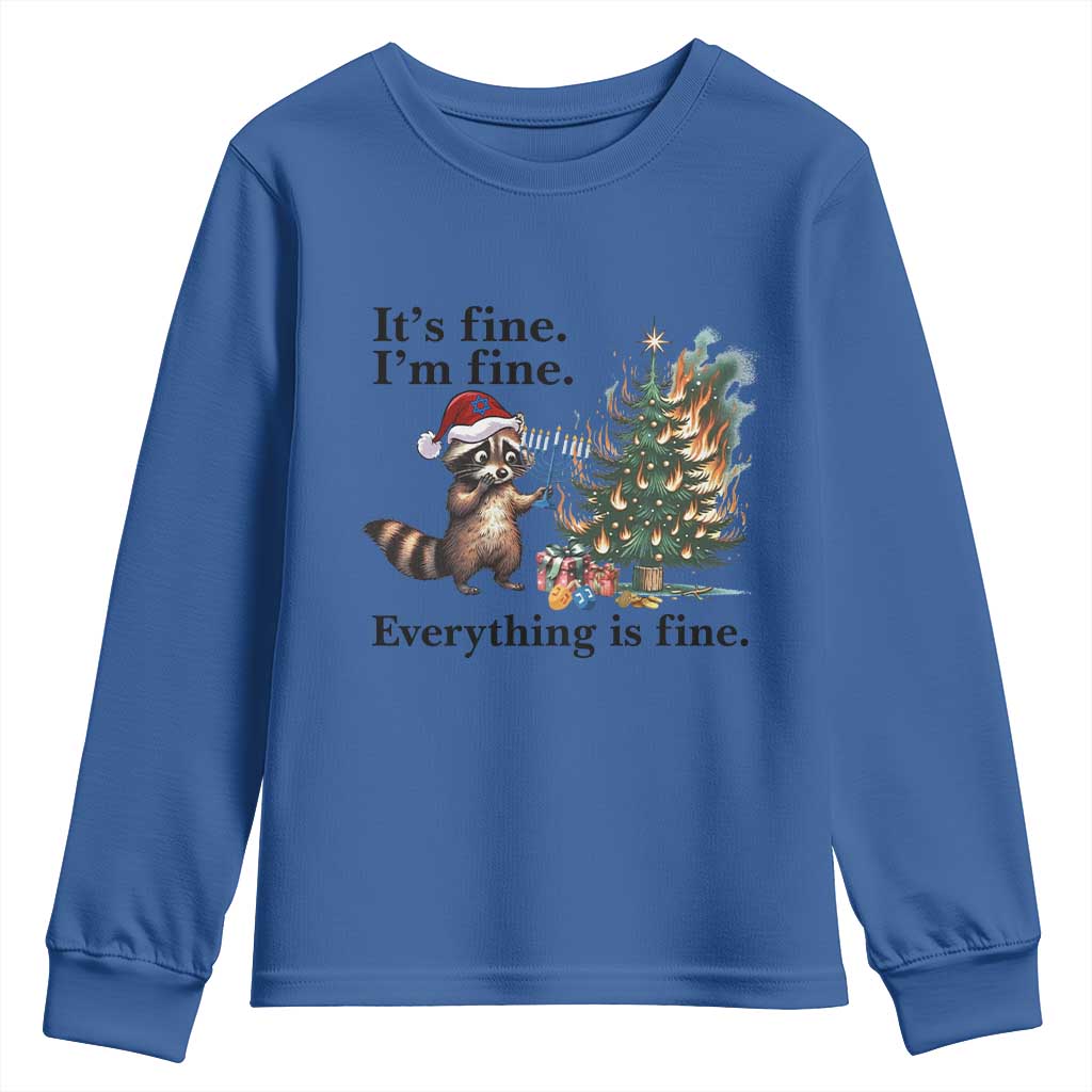 Christmas Hanukkah Racoon Youth Sweatshirt Funny Its Fine I Am Fine Everything Is Fine - Wonder Print Shop