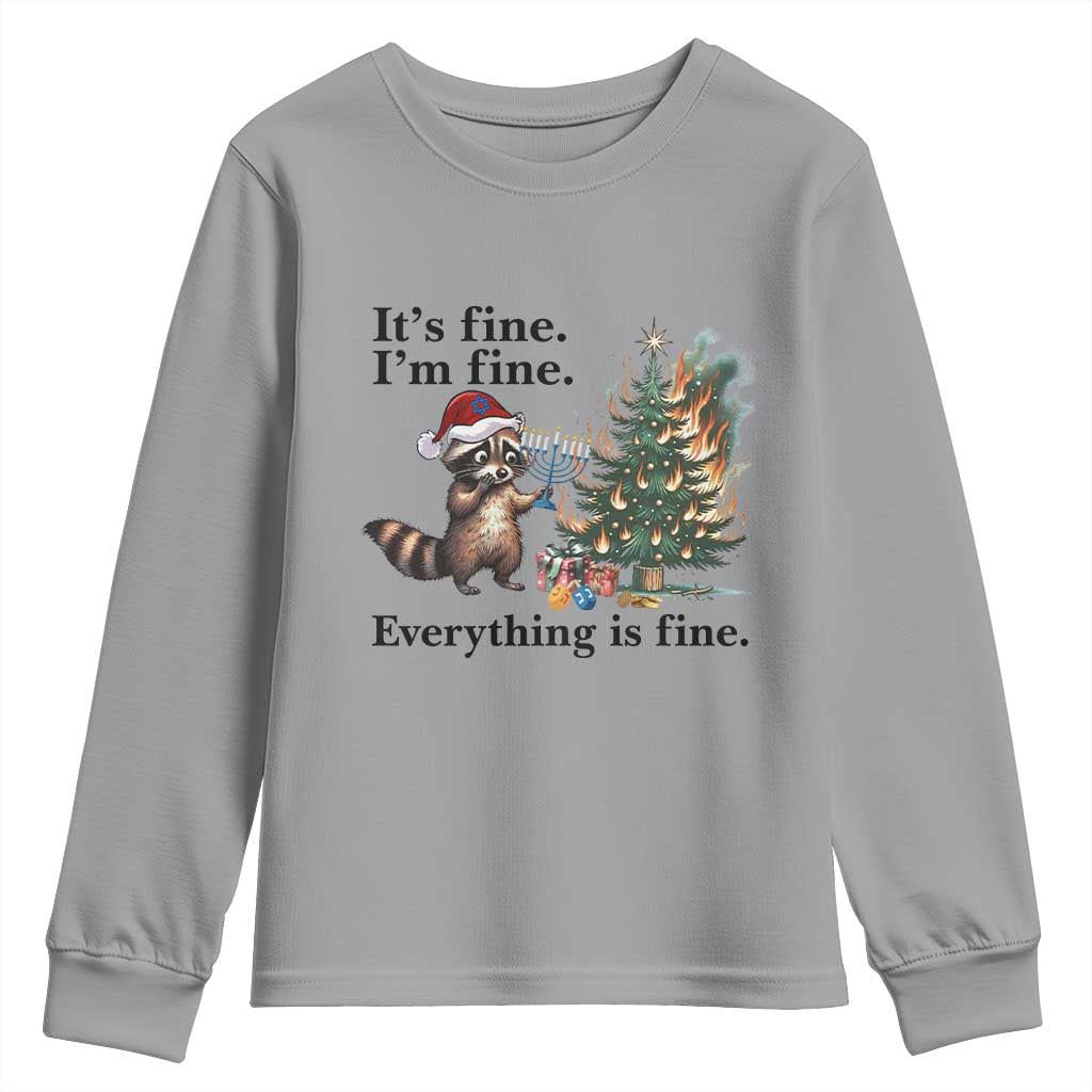 Christmas Hanukkah Racoon Youth Sweatshirt Funny Its Fine I Am Fine Everything Is Fine - Wonder Print Shop
