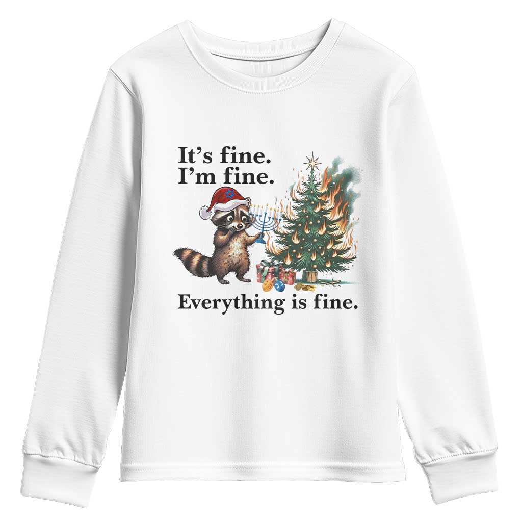 Christmas Hanukkah Racoon Youth Sweatshirt Funny Its Fine I Am Fine Everything Is Fine - Wonder Print Shop