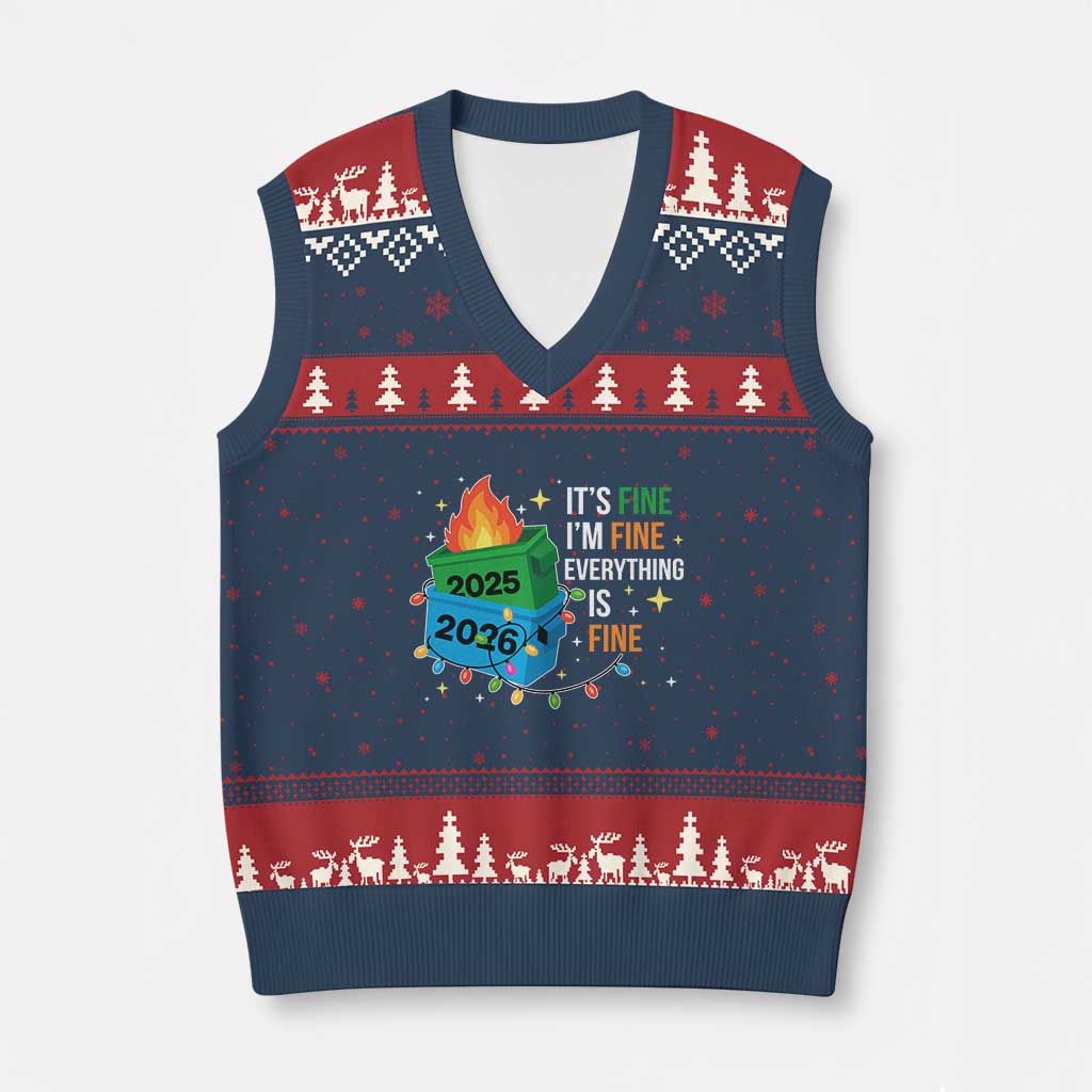 Dumpster Fire Xmas V-Neck Knit Sweater Vest Funny It's Fine I'm Fine Everything Is Fine - Wonder Print Shop