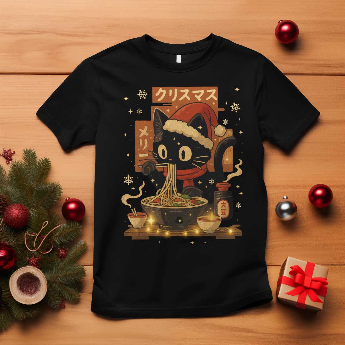 Funny Christmas Cat Ramen T Shirt Xmas Japanese Kawaii Anime Cat - Wonder Print Shop