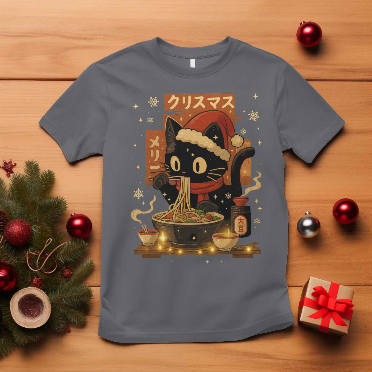 Funny Christmas Cat Ramen T Shirt Xmas Japanese Kawaii Anime Cat - Wonder Print Shop