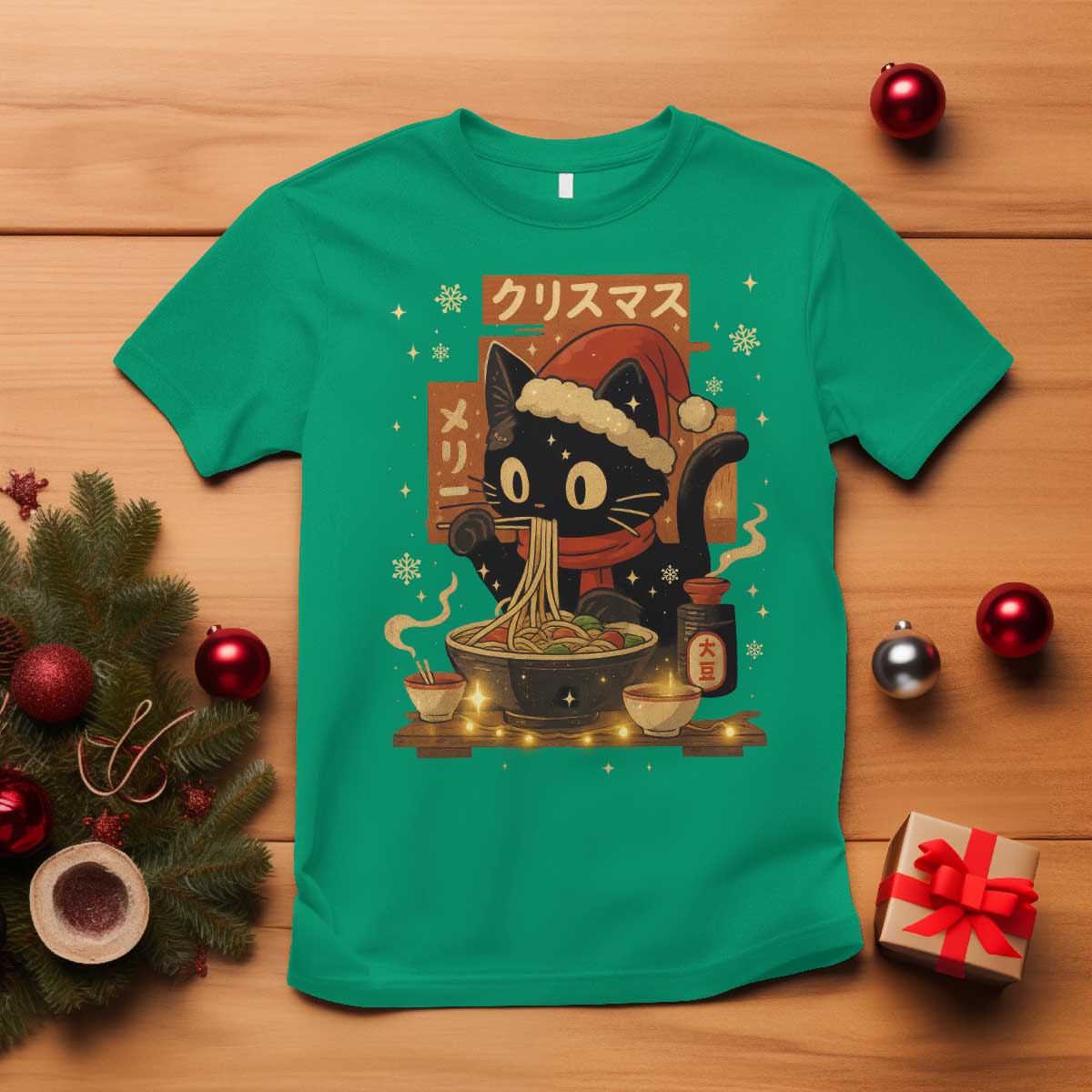 Funny Christmas Cat Ramen T Shirt Xmas Japanese Kawaii Anime Cat - Wonder Print Shop