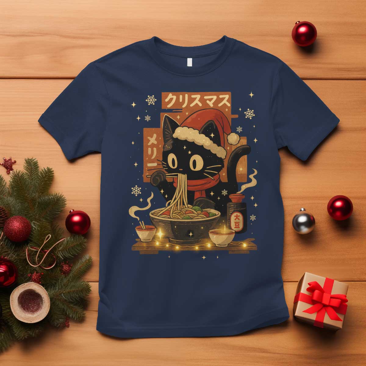 Funny Christmas Cat Ramen T Shirt Xmas Japanese Kawaii Anime Cat - Wonder Print Shop