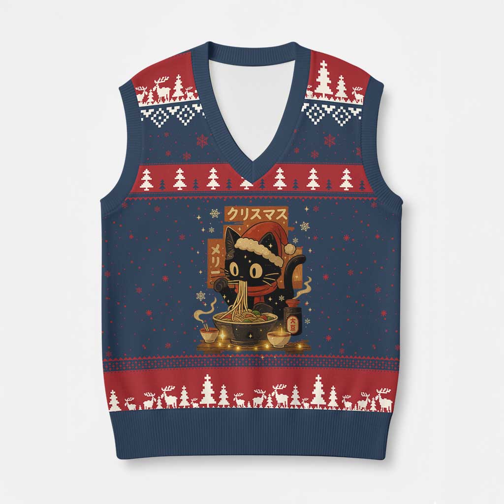 Funny Xmas Cat Ramen V-Neck Knit Sweater Vest Xmas Japanese Kawaii Anime Cat - Wonder Print Shop
